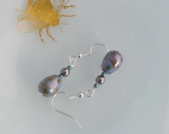 Blue Gold and Purple Czech Glass Dangle Earrings with a Mottled Finish