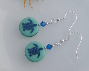 Turquoise and Blue Turtle Drop Earrings: Sterling Silver or Silver Plated