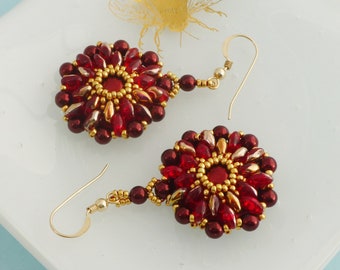 Red and Gold Mandala Earrings, Bead Embroidered Jewellery