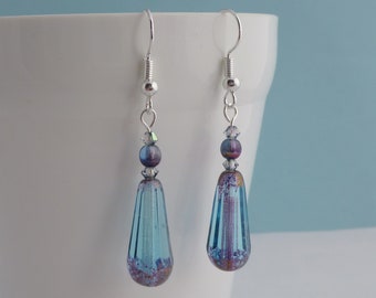 Blue and Purple Elegant Long Glass Drop Earrings