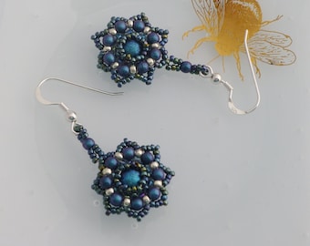 Midnight Blue Beaded Mandala Flower Earrings, Bead Embroidered Jewellery