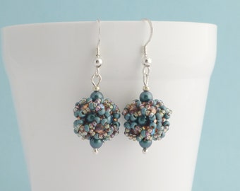 Dark Metallic Teal and Copper Beaded Ball Earrings with Sterling Silver Earwires