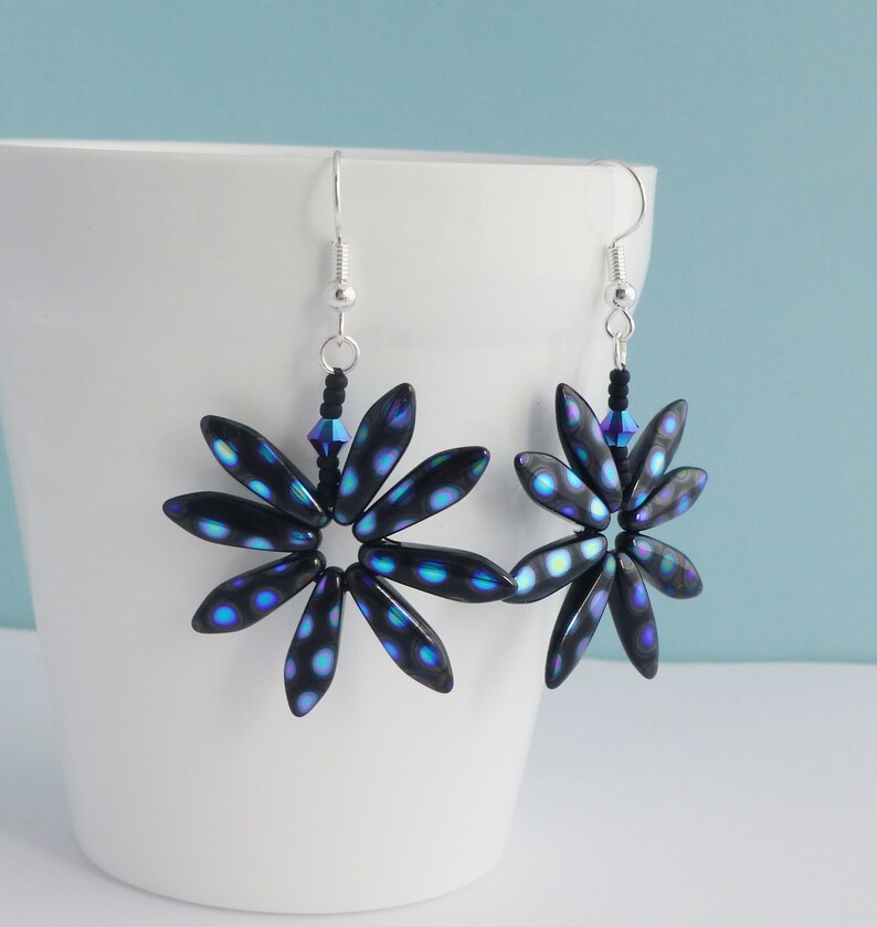 Black and Blue Spotty Daisy Earrings, Funky Flower Earrings, Boho Festival Chic, Fun Jewellery for Her image 4