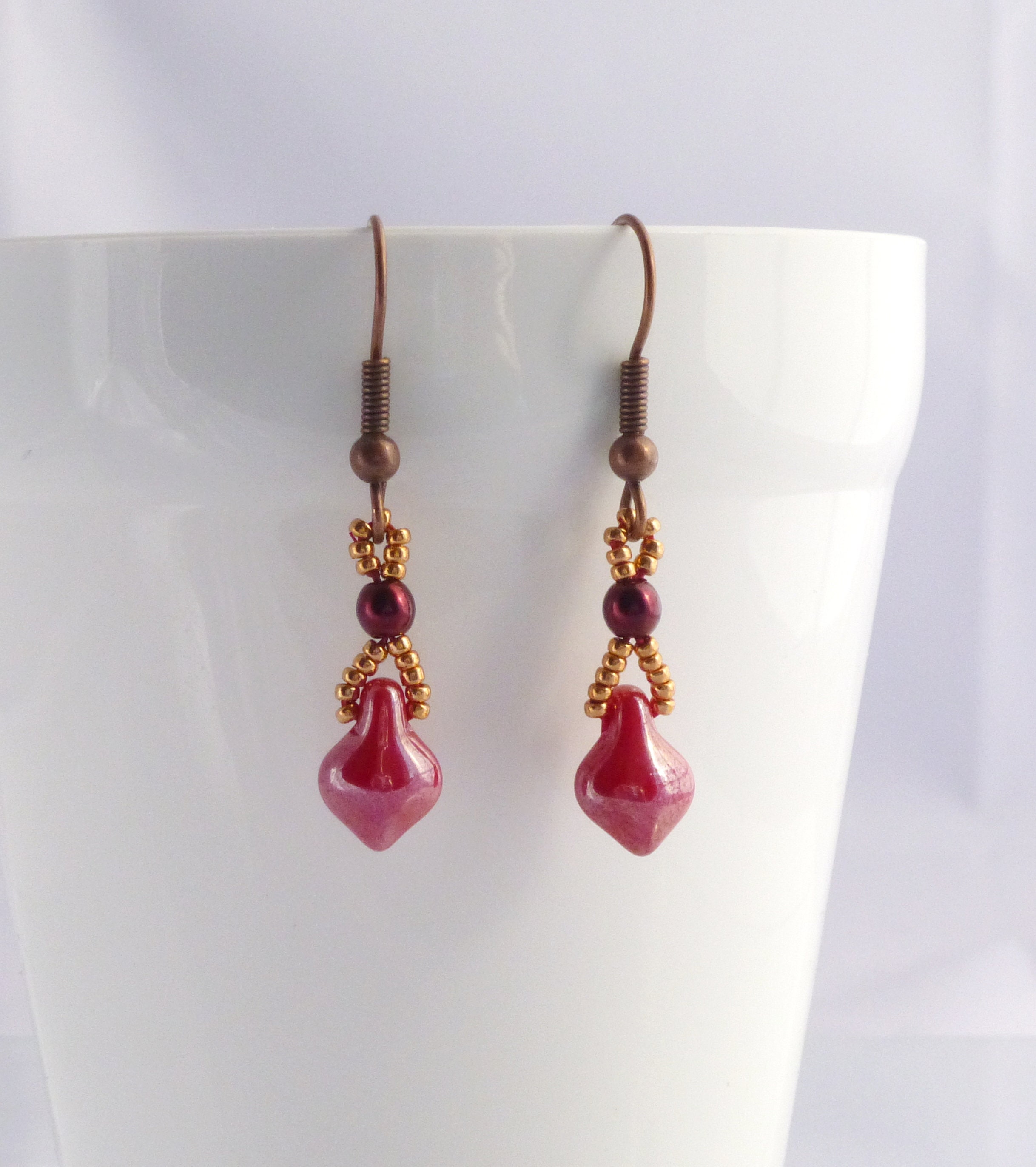 Deep Berry Red and Copper Beaded Dangle Earrings With Dark | Etsy UK