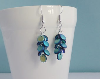 Blue Green Dragonscale Earrings, Iridescent Satin Finish Cascade Earrings with Czech Glass Beads