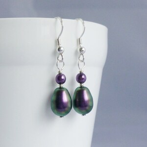 Iridescent Purple Glass Pearl Drop Earrings with Crystal Glass Pearls and Sterling Silver Earwires image 2