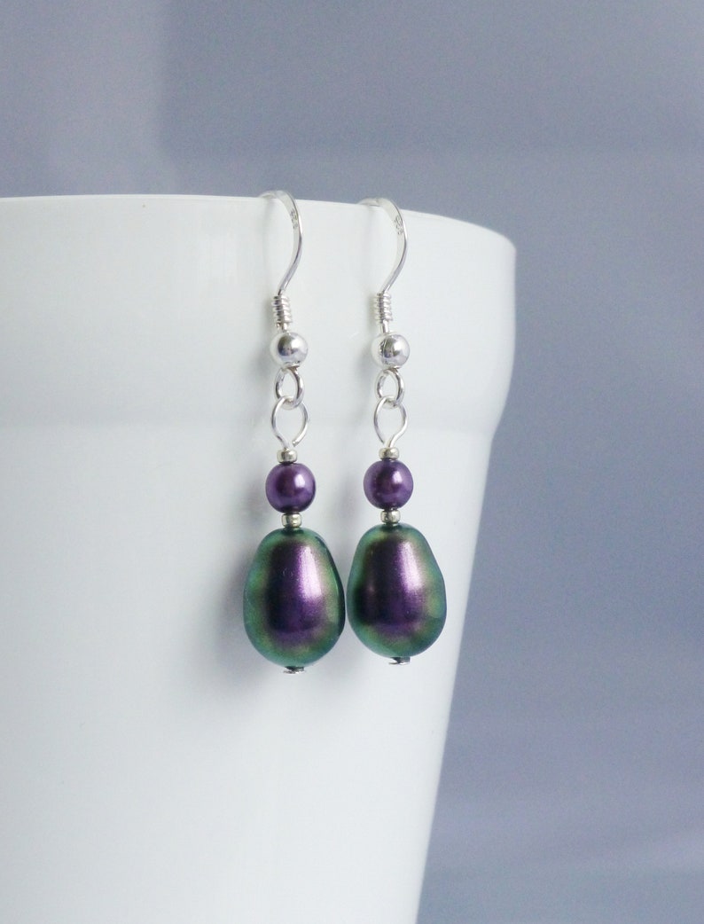 Iridescent Purple Glass Pearl Drop Earrings with Crystal Glass Pearls and Sterling Silver Earwires image 2
