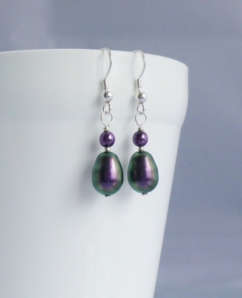 Iridescent Purple Glass Pearl Drop Earrings with Crystal Glass Pearls and Sterling Silver Earwires image 6