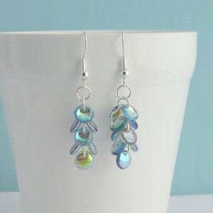 Blue and Silver Iridescent Mermaid Tail Earrings, Cascade Earrings for Her