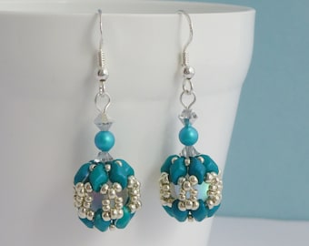 Silver and Teal Beaded Ball Earrings with Sterling Silver Earwires