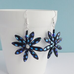 Black and Blue Spotty Daisy Earrings, Funky Flower Earrings, Boho Festival Chic, Fun Jewellery for Her image 1