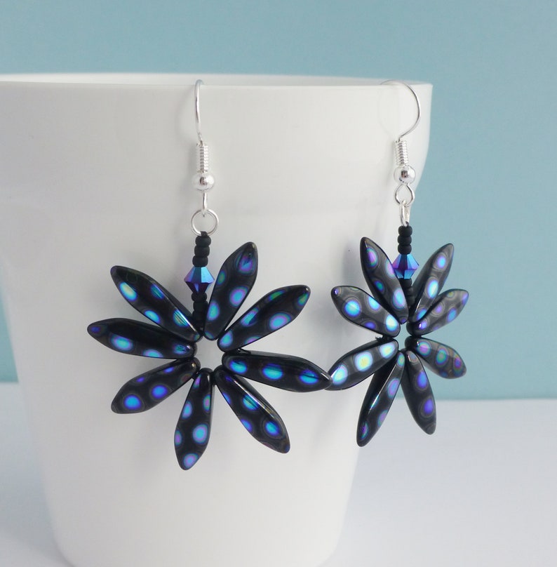 Black and Blue Spotty Daisy Earrings, Funky Flower Earrings, Boho Festival Chic, Fun Jewellery for Her image 1