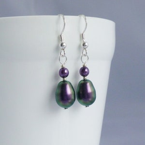 Iridescent Purple Glass Pearl Drop Earrings with Crystal Glass Pearls and Sterling Silver Earwires image 4