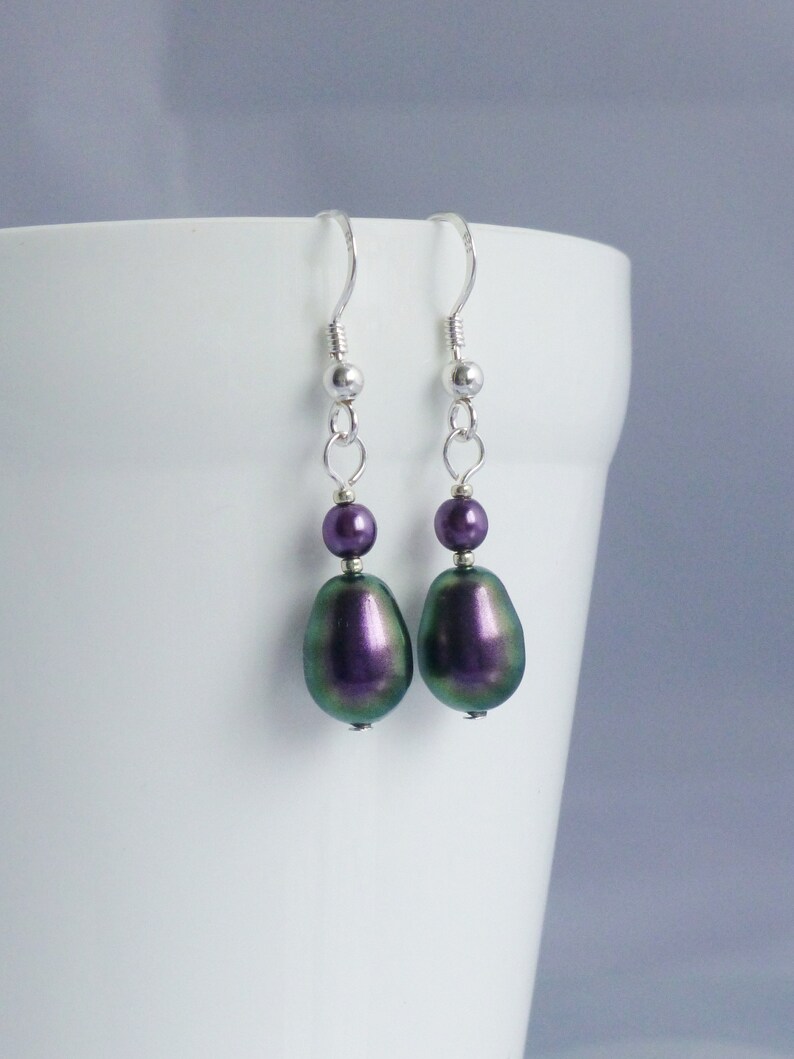 Iridescent Purple Glass Pearl Drop Earrings with Crystal Glass Pearls and Sterling Silver Earwires image 4