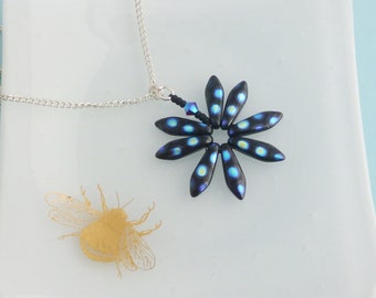 Funky Black Daisy Flower Pendant with Metallic Blue Spots on Your Choice of Silver Plated or Sterling Silver Chain