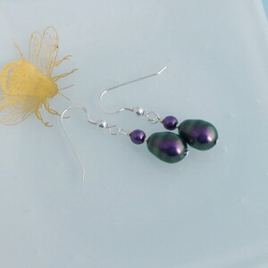 Iridescent Purple Glass Pearl Drop Earrings with Crystal Glass Pearls and Sterling Silver Earwires image 3