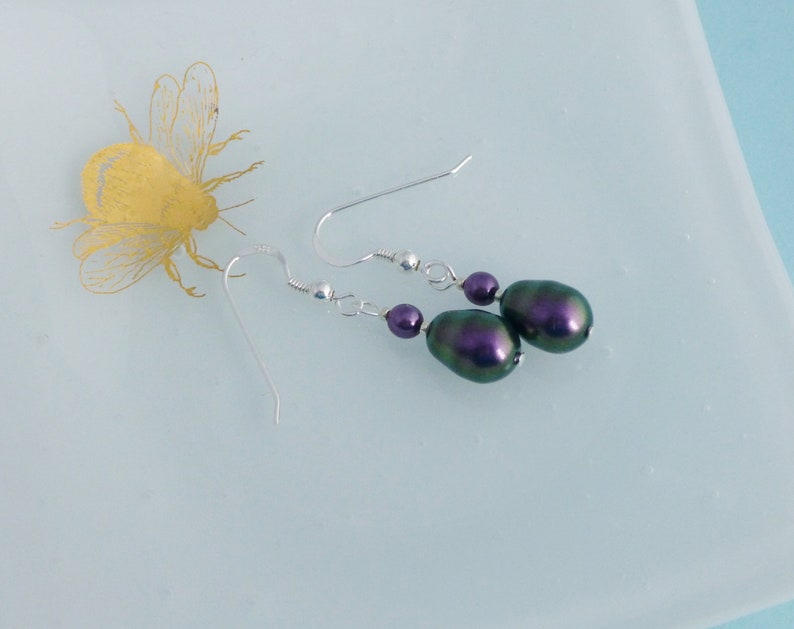 Iridescent Purple Glass Pearl Drop Earrings with Crystal Glass Pearls and Sterling Silver Earwires image 3