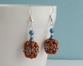 Copper and Metallic Blue Beaded Ball Earrings with Sterling Silver Earwires