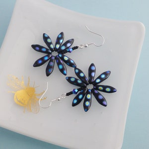 Black and Blue Spotty Daisy Earrings, Funky Flower Earrings, Boho Festival Chic, Fun Jewellery for Her image 3