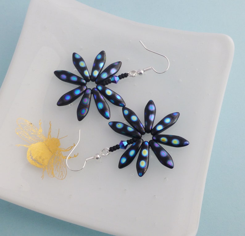 Black and Blue Spotty Daisy Earrings, Funky Flower Earrings, Boho Festival Chic, Fun Jewellery for Her image 3