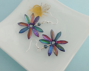Iridescent Daisy Earrings: Etched Czech Glass Flower Earrings, Festival Jewellery
