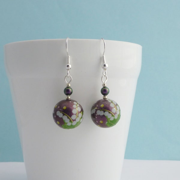 Purple Oriental Drop Earrings with a Lilly of the Valley Design, Elegant Dangle Earrings, Tensha Bead Earrings