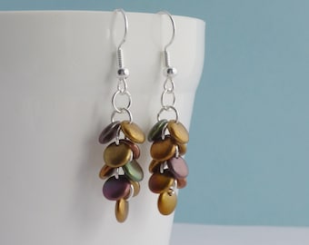 Golden Dragon Scale Earrings, Iridescent Gold Cascade Earrings with Czech Glass Beads