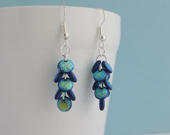 Dragon Scale Earrings, Iridescent Blue Green Cascade Earrings with Czech Glass Beads