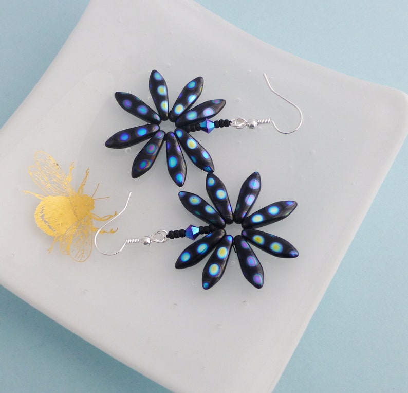 Black and Blue Spotty Daisy Earrings, Funky Flower Earrings, Boho Festival Chic, Fun Jewellery for Her image 2