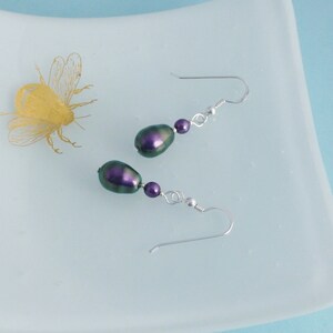 Iridescent Purple Glass Pearl Drop Earrings with Crystal Glass Pearls and Sterling Silver Earwires image 7