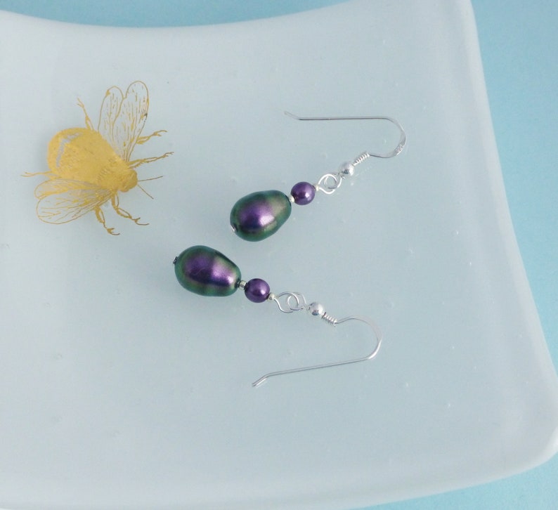 Iridescent Purple Glass Pearl Drop Earrings with Crystal Glass Pearls and Sterling Silver Earwires image 7