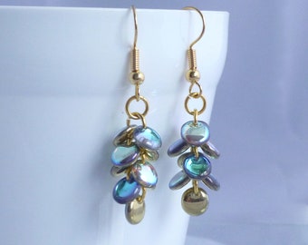 Shiny Iridescent Mermaid Tail Earrings in Blue, Green and Gold with a hint of Purple