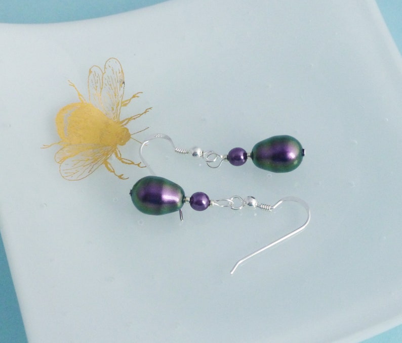 Iridescent Purple Glass Pearl Drop Earrings with Crystal Glass Pearls and Sterling Silver Earwires image 1
