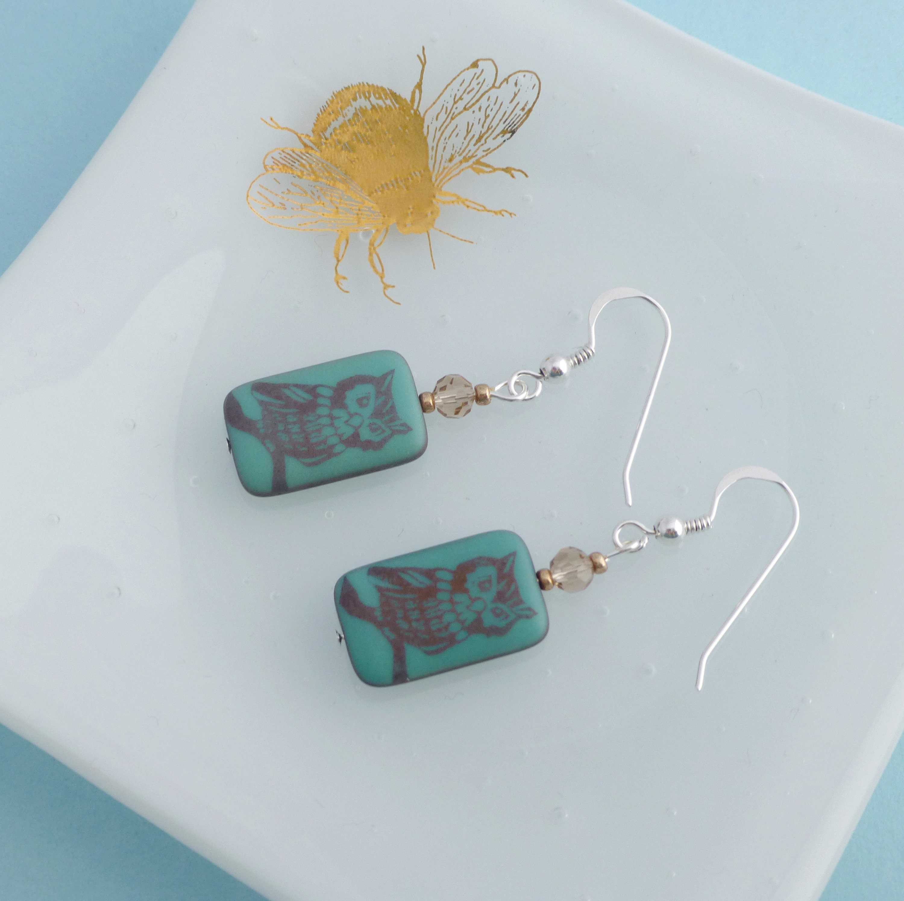 Turquoise Owl Dangle Earrings - Option of Silver Plated or Sterling Silver Earwires