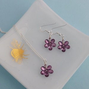 Dainty Purple Flower Necklace and Earrings Jewellery Set