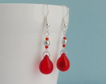 Bright Red Glass Drop Earrings