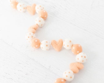 JUST PEACHY Felt Ball Garland - Valentine’s Day, Valentine Garland, Heart Garland, Felt Hearts, Peach and White, Dots