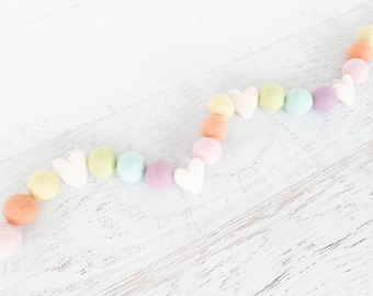SWEET PASTEL RAINBOW Felt Ball Garland - Pastel Rainbow Garland, Felt Heart Garland, Felt Pom Pom, Nursery, Baby Shower, Valentine, Spring