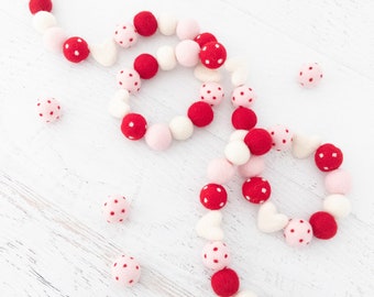 CUPID Felt Ball Garland – Heart Garland, Holiday Garland, Valentine's Day, Felt Heart, Pom Pom Garland, Pink, Red, White, Dots
