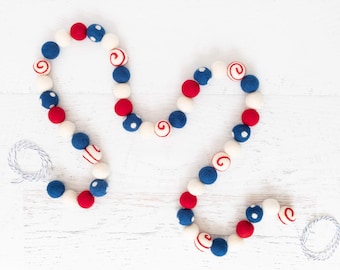 FIREWORKS Felt Ball Garland – Red White and Blue Garland, July 4th Garland, Pom Pom Garland, Holiday Garland, Party Garland
