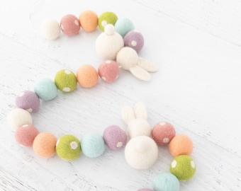 BUNNY HOP Felt Ball Garland - Easter, Bunny Garland, Holiday Garland, Spring, Felt Bunny, Pastel Colors