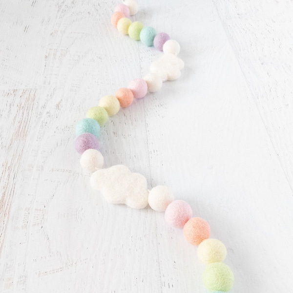 OVER THE RAINBOW Felt Ball Garland – Rainbow Garland, Pom Pom Garland, Nursery Garland, Photo Prop, Felt Cloud, Pastel Rainbow