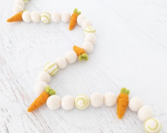 CARROT PATCH Felt Ball Garland - Easter, Spring Garland, Holiday Garland, Felt Carrot, Orange, Green Swirl, White