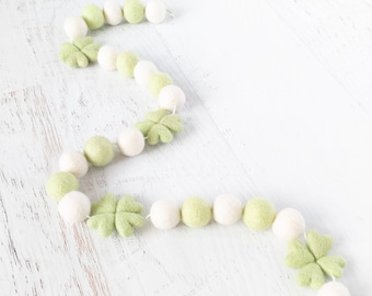 FOUR LEAF CLOVER Felt Ball Garland - St Patrick's Day Garland, Pom Pom Garland, Holiday Garland, Light Green, White