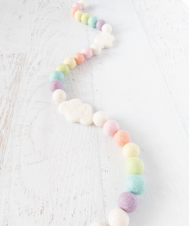 OVER THE RAINBOW Felt Ball Garland Rainbow Garland, Pom Pom Garland, Nursery Garland, Photo Prop, Felt Cloud, Pastel Rainbow image 1