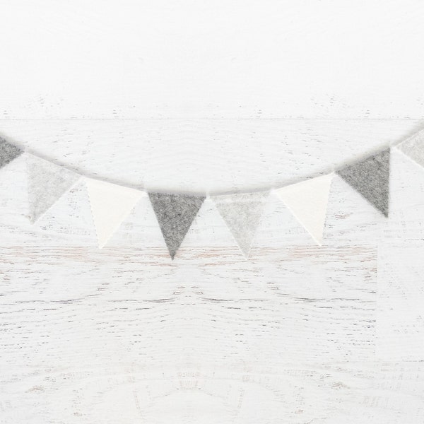 GRAY MIST Felt Bunting – Heather Gray Ombre, Felt Flag, Felt Pennant, Felt Banner, Monochrome, Heather Grays, White