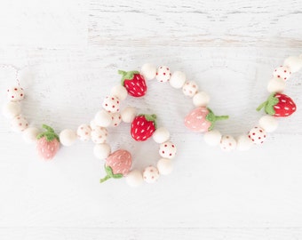 STRAWBERRY FIELDS Felt Ball Garland – Strawberry Garland, Felt Strawberries, Berry Garland, Summer Party