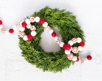 PEPPERMINT TWIST Felt Ball Garland – Christmas, Winter Garland, Holiday Garland, Felt Peppermints, Pom Pom Garland, Red & White