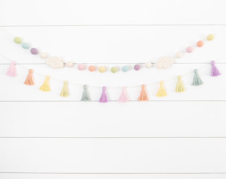 OVER THE RAINBOW Felt Ball Garland Rainbow Garland, Pom Pom Garland, Nursery Garland, Photo Prop, Felt Cloud, Pastel Rainbow image 8