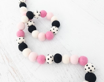 MOD PINK Felt Ball Garland - Felt Pom Pom Garland, Girls Room Decor, Pink and Black Garland, Pink, Black, White, Polka Dot